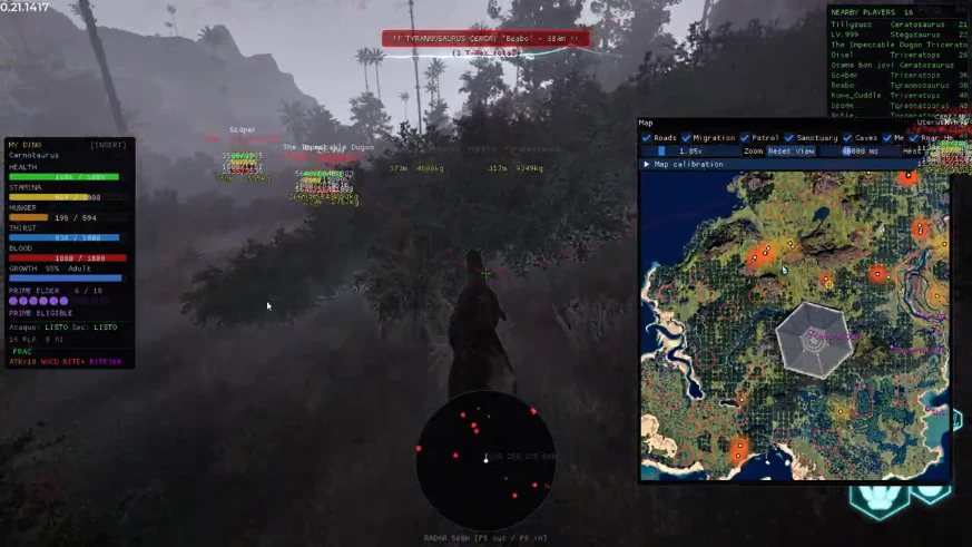 The Isle nearby players panel with species list and map radar