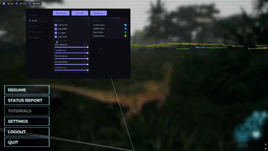 The Isle resource ESP menu for animal, water, fruit and plant distances